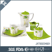 Estilo verde e branco flor impressão cerâmica atacado chá conjuntos de chá